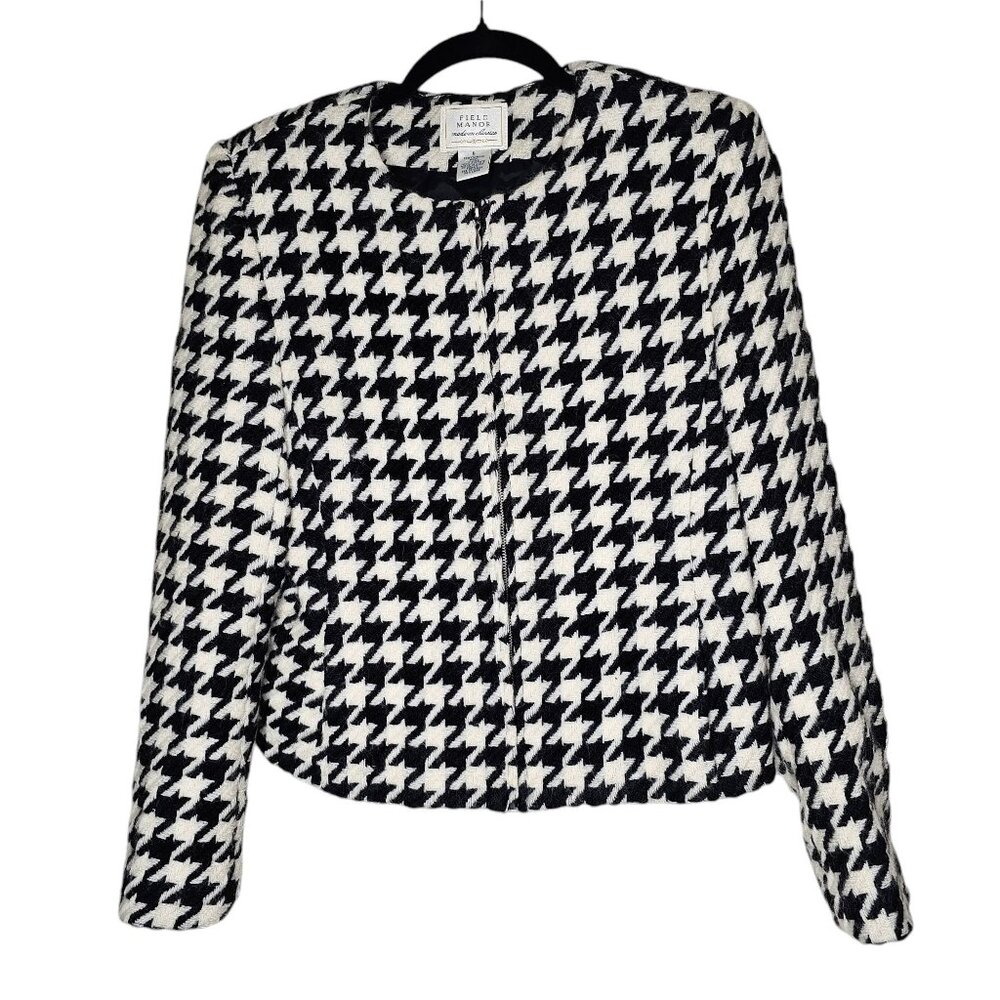 ❤️Vintage 6 Jacket Black  100% Wool Houndstooth Zip Up Office Academia Career